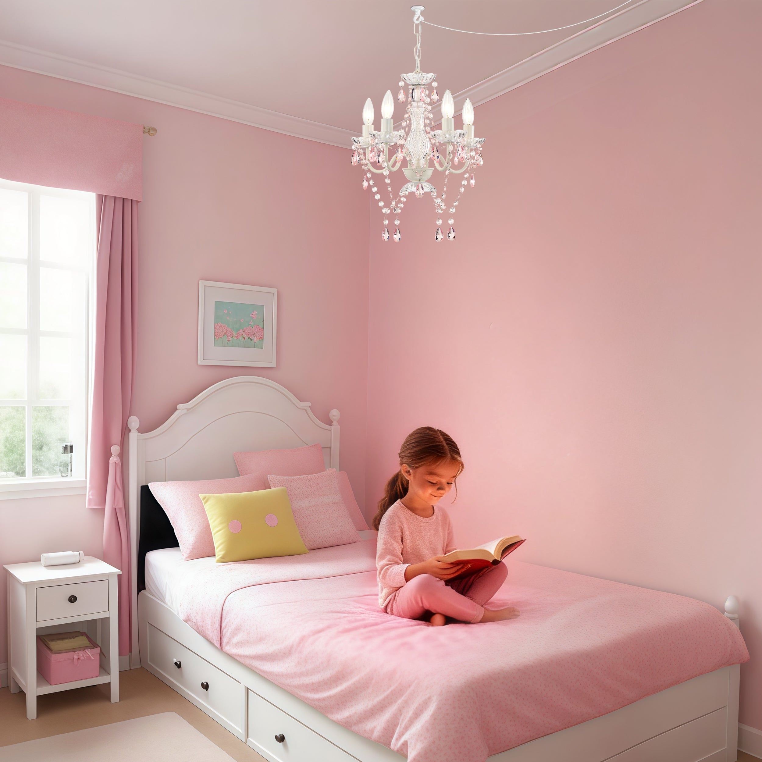 White and Pink Plug-in Crystal Chandelier – Elegant 5-Light Acrylic Ceiling Light Fixture with Long Cord for Bedroom, Nursery or Small Spaces