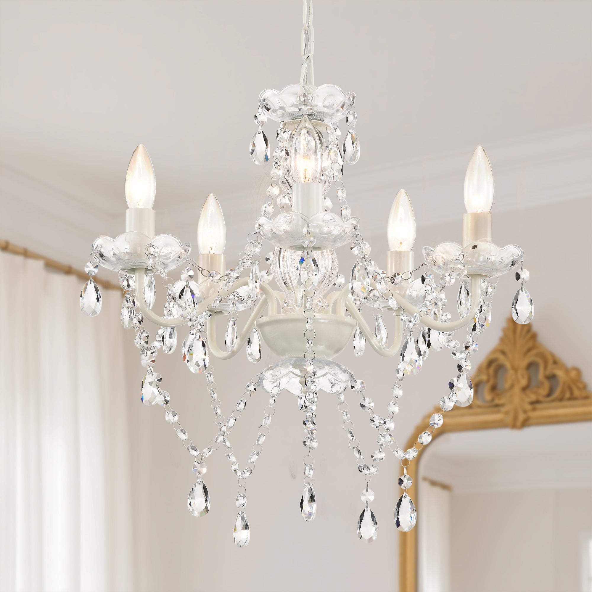 SmallCrystal Chandelier, 5-Light  White Glass Ceiling Light Fixture, E12 Base