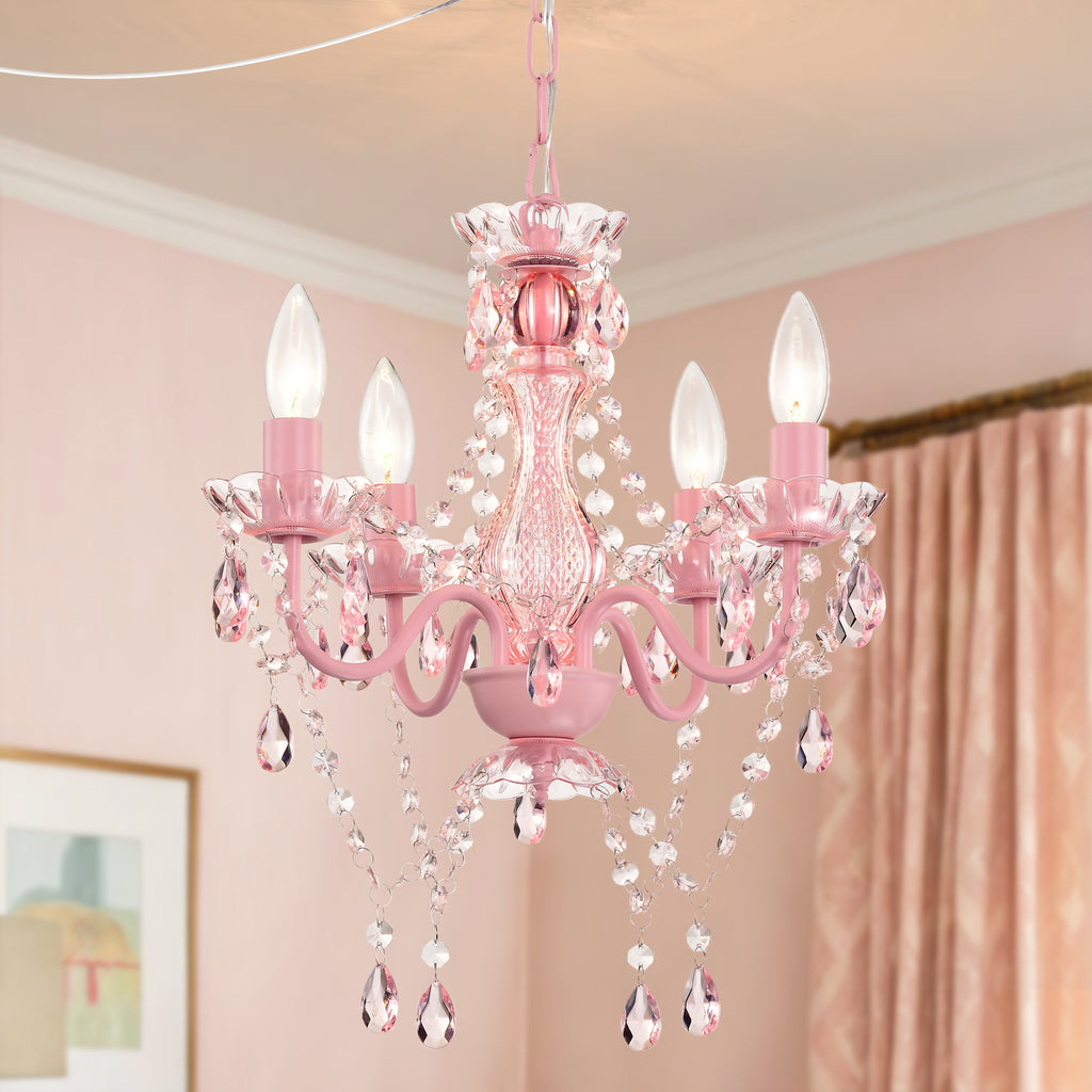 Plug in Chandelier 4-Light, Small Pink Acrylic Crystal Hanging Light with 20 ft Cord for Bedroom , Nursery