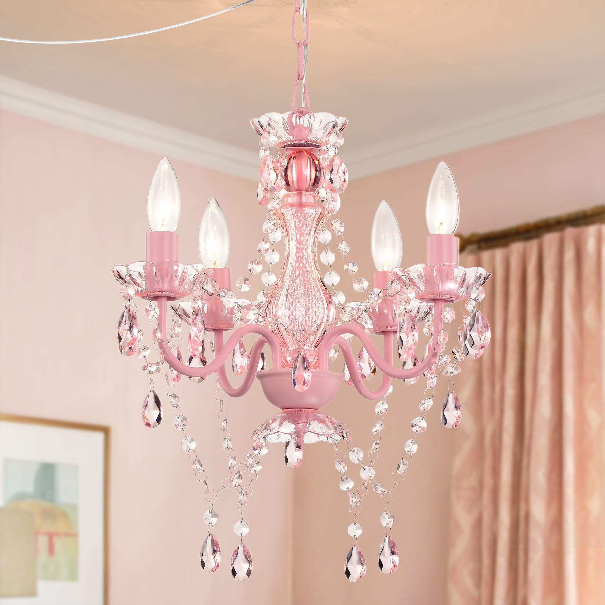 Plug in Chandelier 4-Light, Small Pink Acrylic Crystal Hanging Light with 20 ft Cord for Bedroom , Nursery