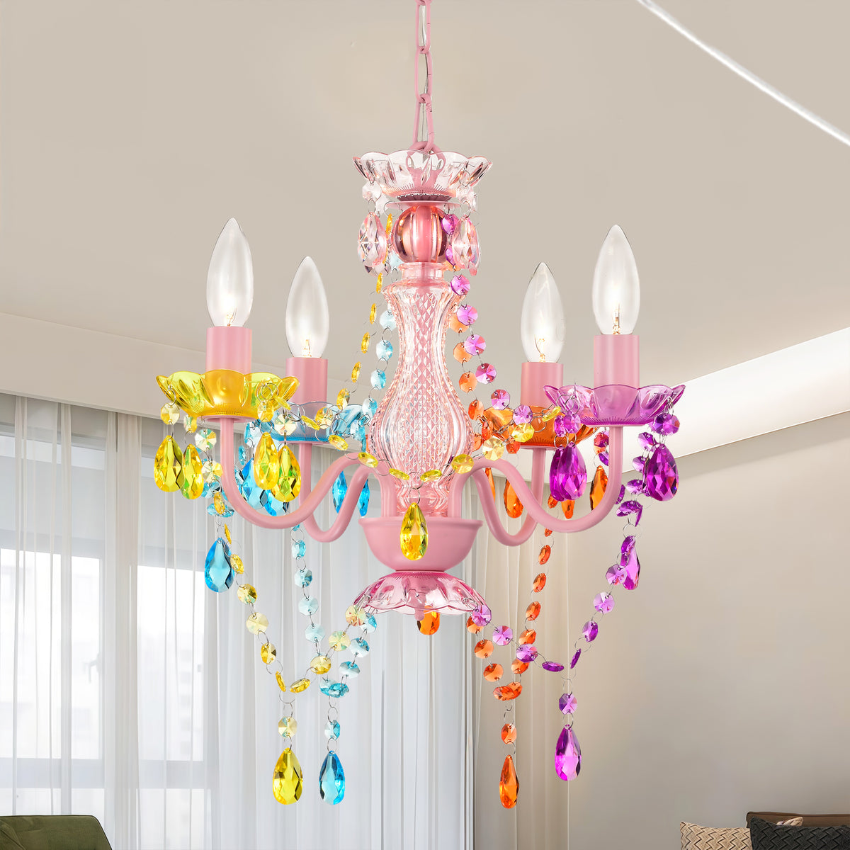 Small Plug in Chandeliers, 4-Light Multicolor Acrylic Crystal Hanging Light with 20ft Cord, Mini Chandeliers for Dining Room, Girls' Bedroom