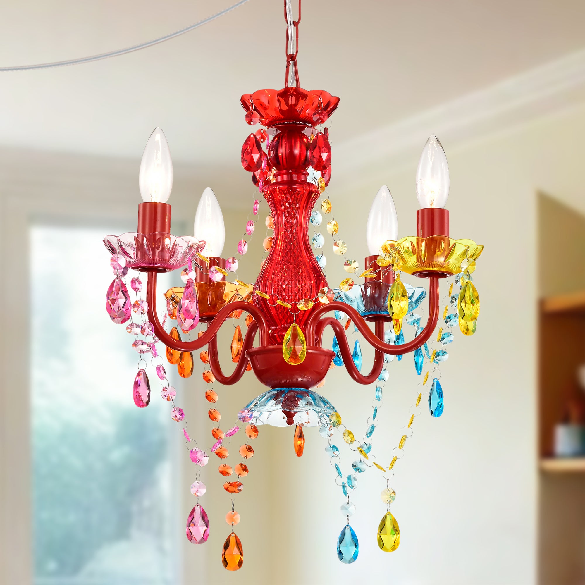Small Plug-In Chandelier 4-Light, Colorful Acrylic Crystal Hanging Light for Kids Room, Nursery, Bedroom,E12 Base