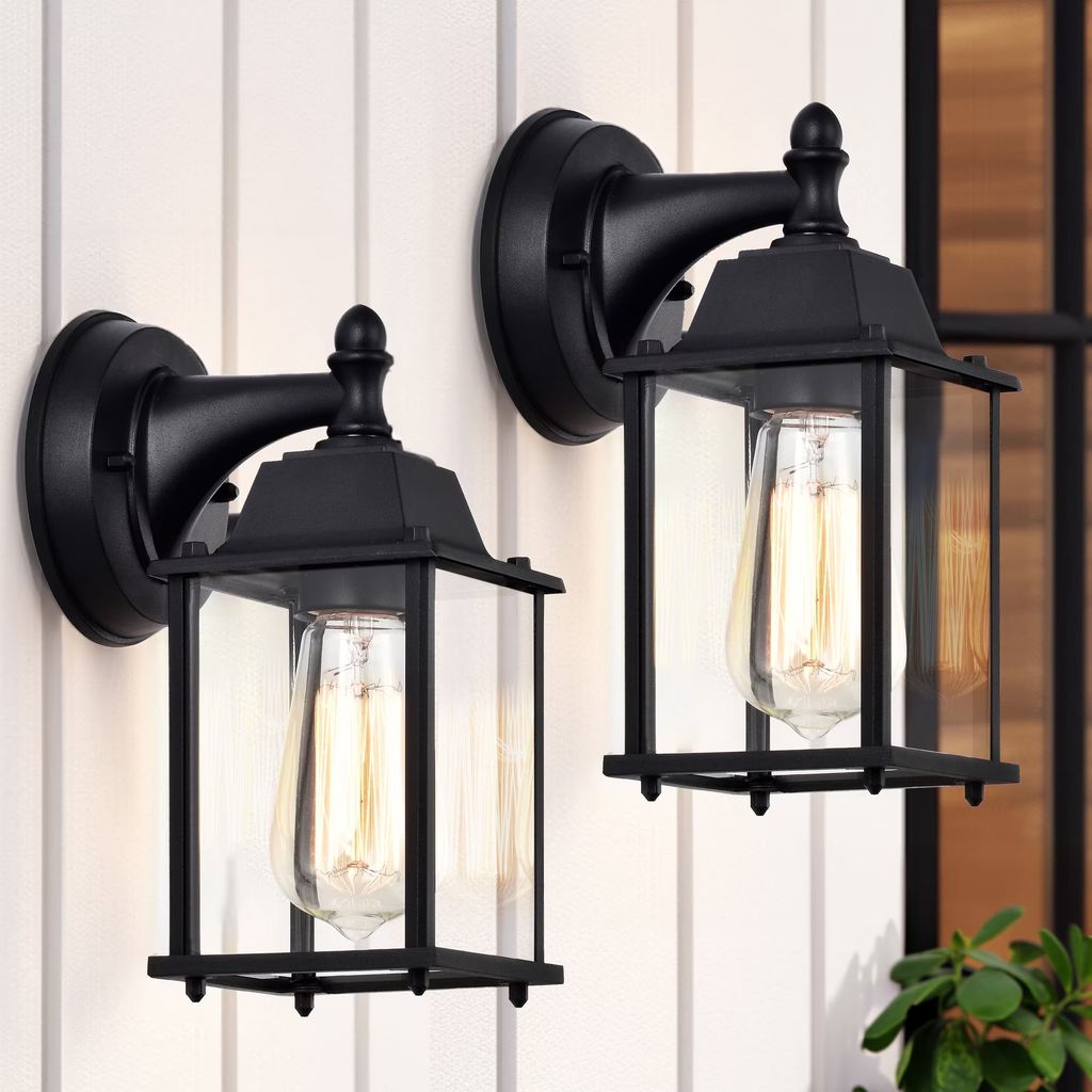 2 Pack Black Outdoor Wall Lanterns with Clear Glass, E26 Hardwired Porch Lights
