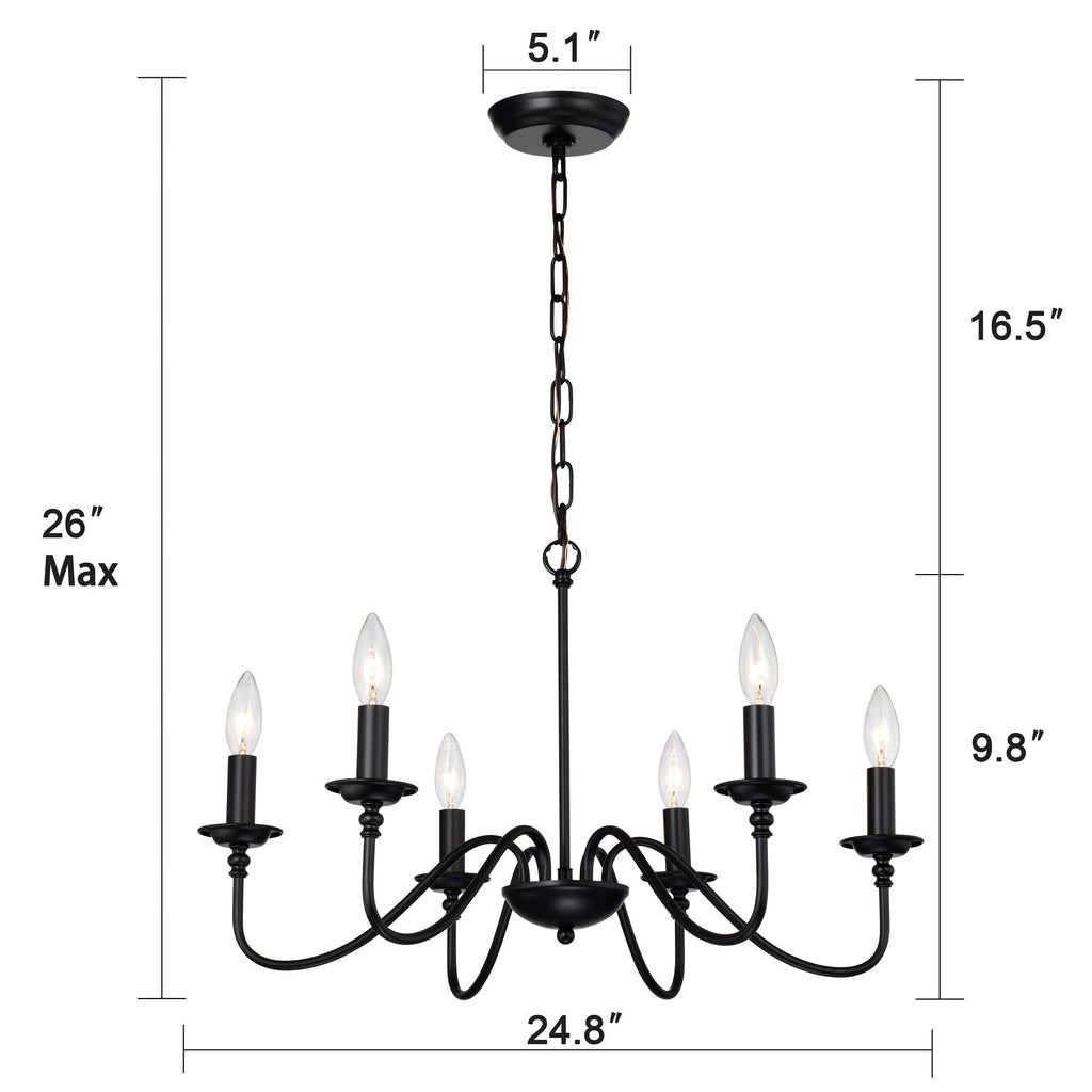 6-Light Matte Black Farmhouse Chandelier, E12 Candle Style Hanging Light