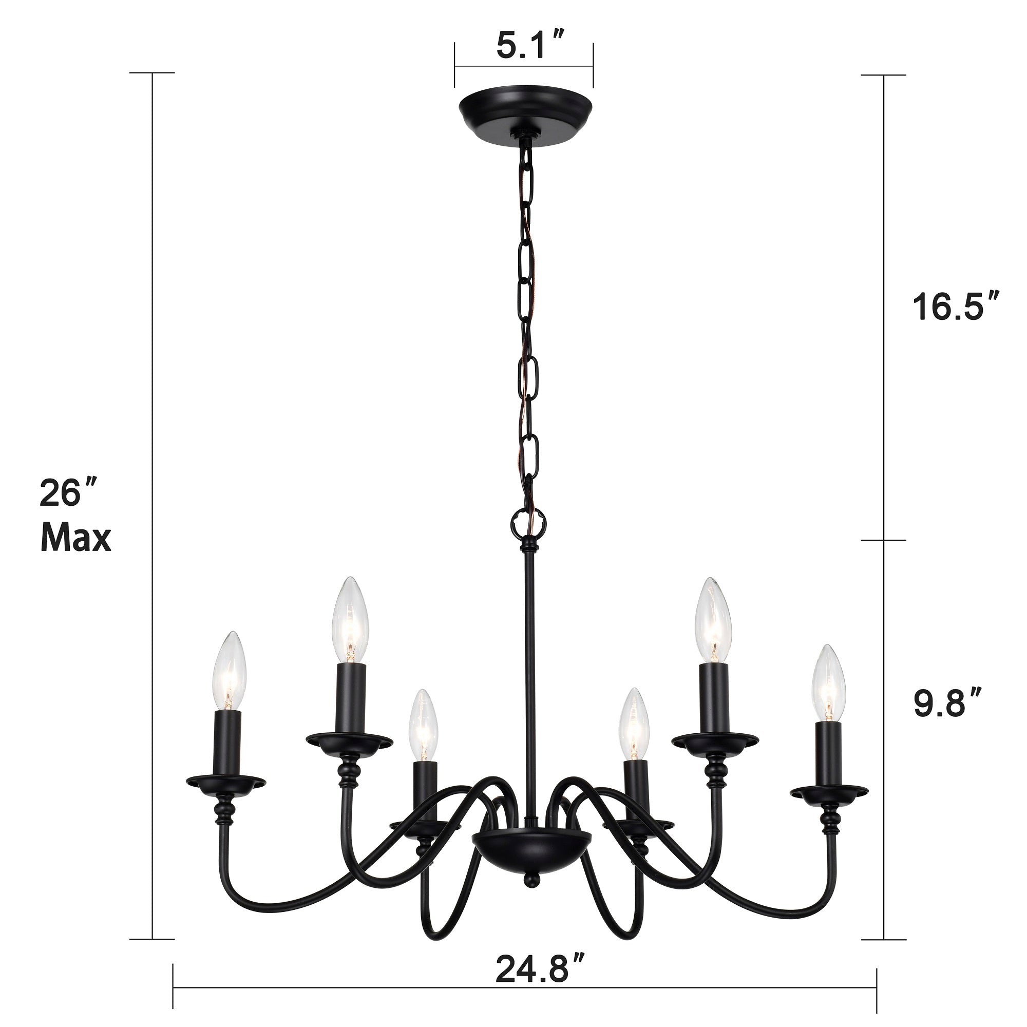 6-Light Matte Black Farmhouse Chandelier, E12 Candle Style Hanging Light