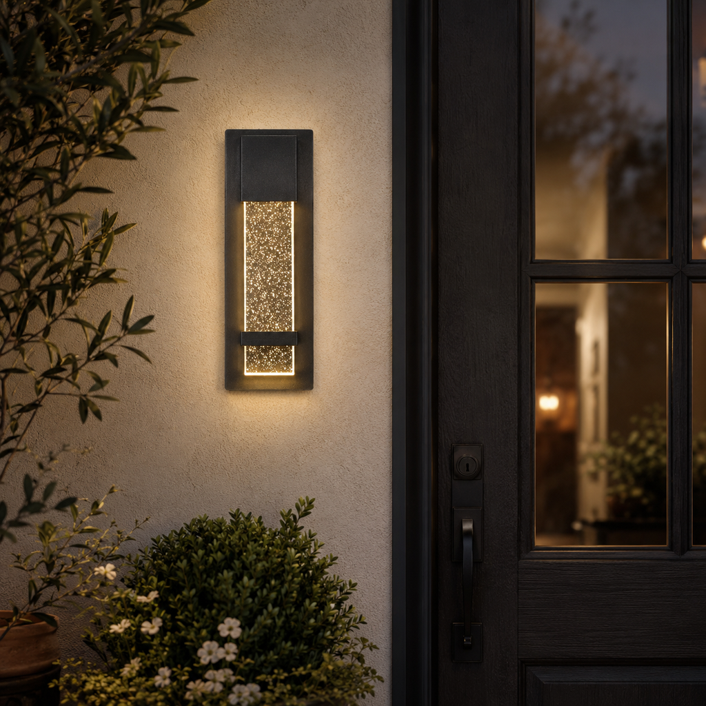 Integrated LED Outdoor Wall Light, Black Textured Glass Exterior Sconce, 3000K Warm White