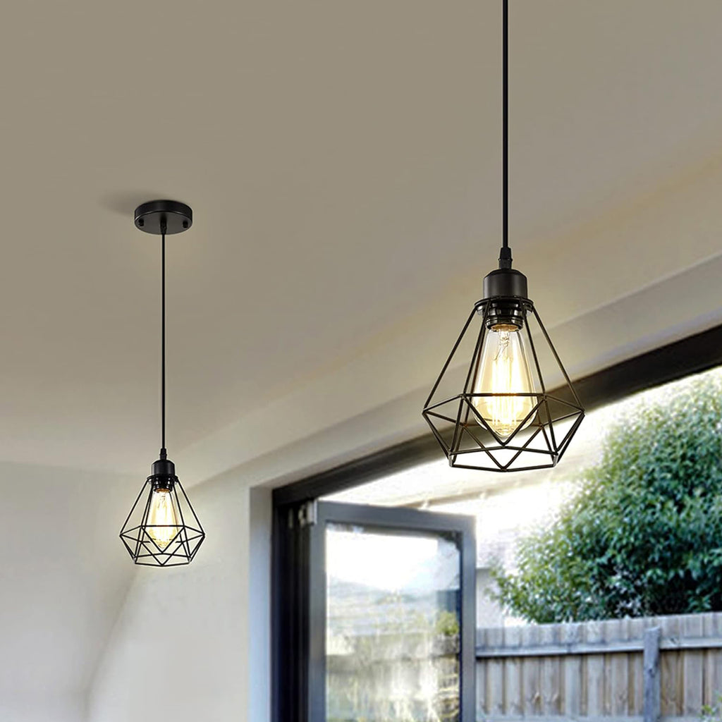 Modern Industrial Pendant Light 2 Pack Black Metal Geometric Cage E26 Hardwired Hanging Ceiling Light for Kitchen Island