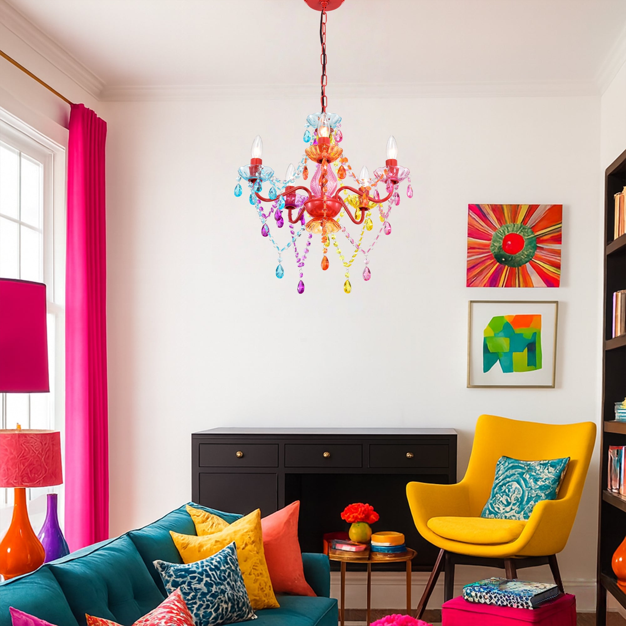 Colorful Crystal Chandelier, 5-Light Multicolor Acrylic Ceiling Light Fixture for Girls Room