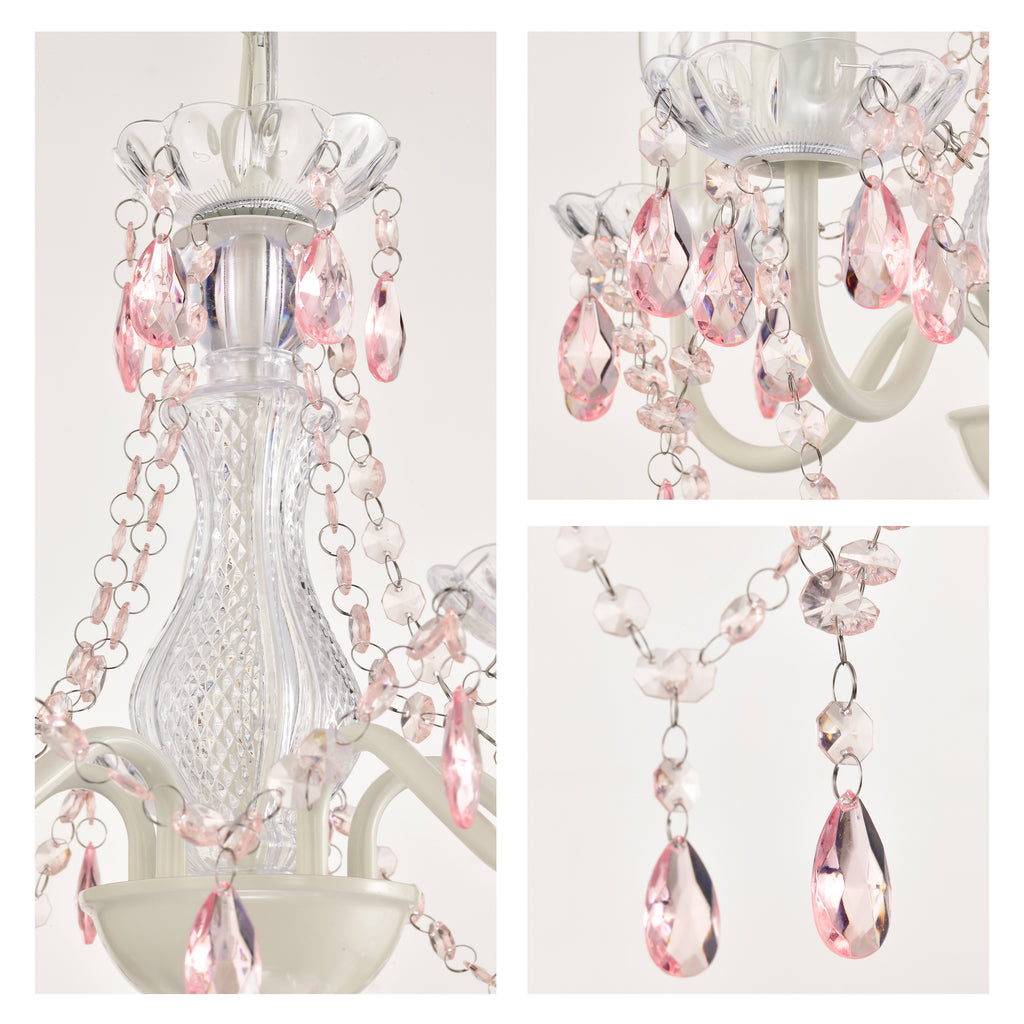 White and Pink Plug-in Crystal Chandelier – Elegant 5-Light Acrylic Ceiling Light Fixture with Long Cord for Bedroom, Nursery or Small Spaces