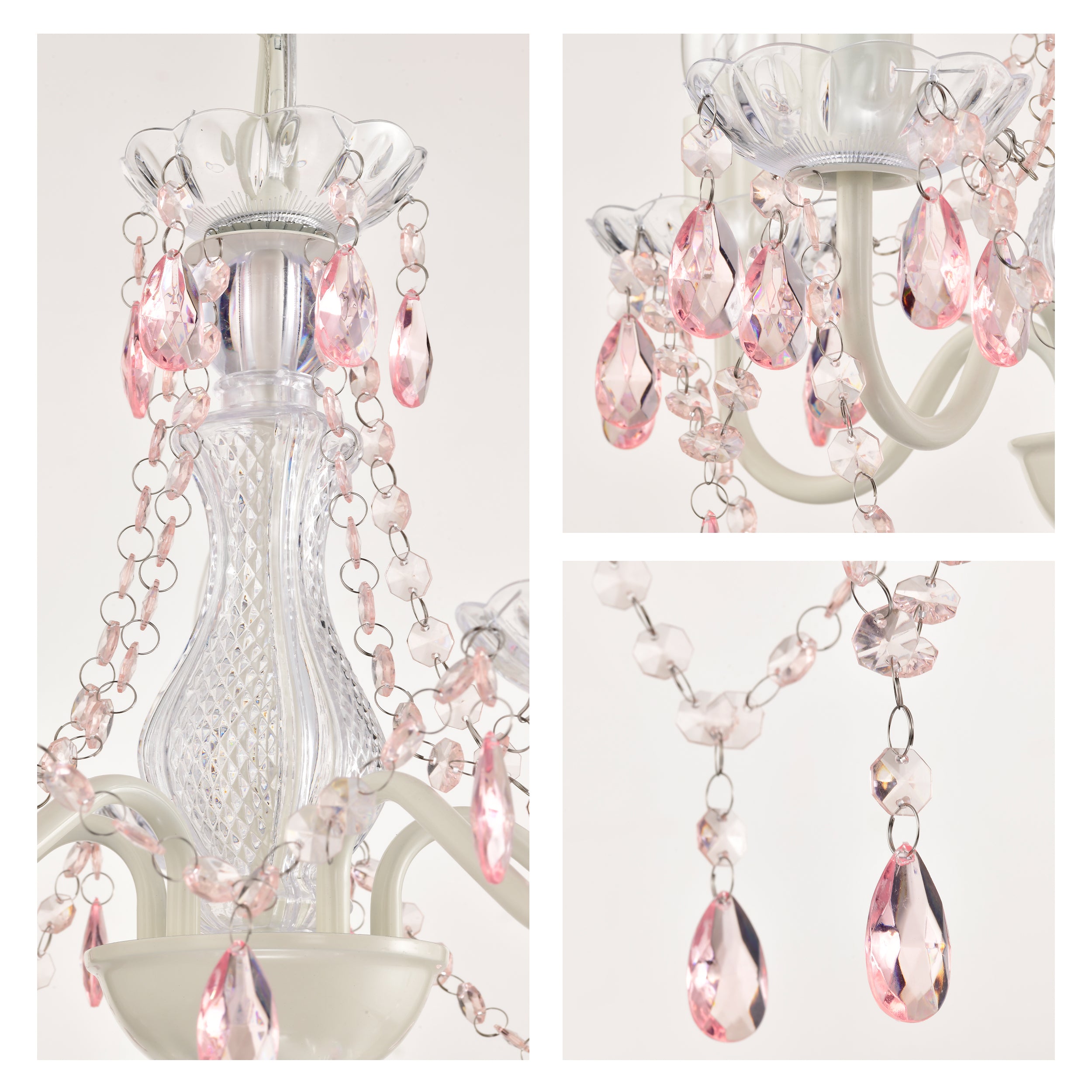 White and Pink Plug-in Crystal Chandelier – Elegant 5-Light Acrylic Ceiling Light Fixture with Long Cord for Bedroom, Nursery or Small Spaces