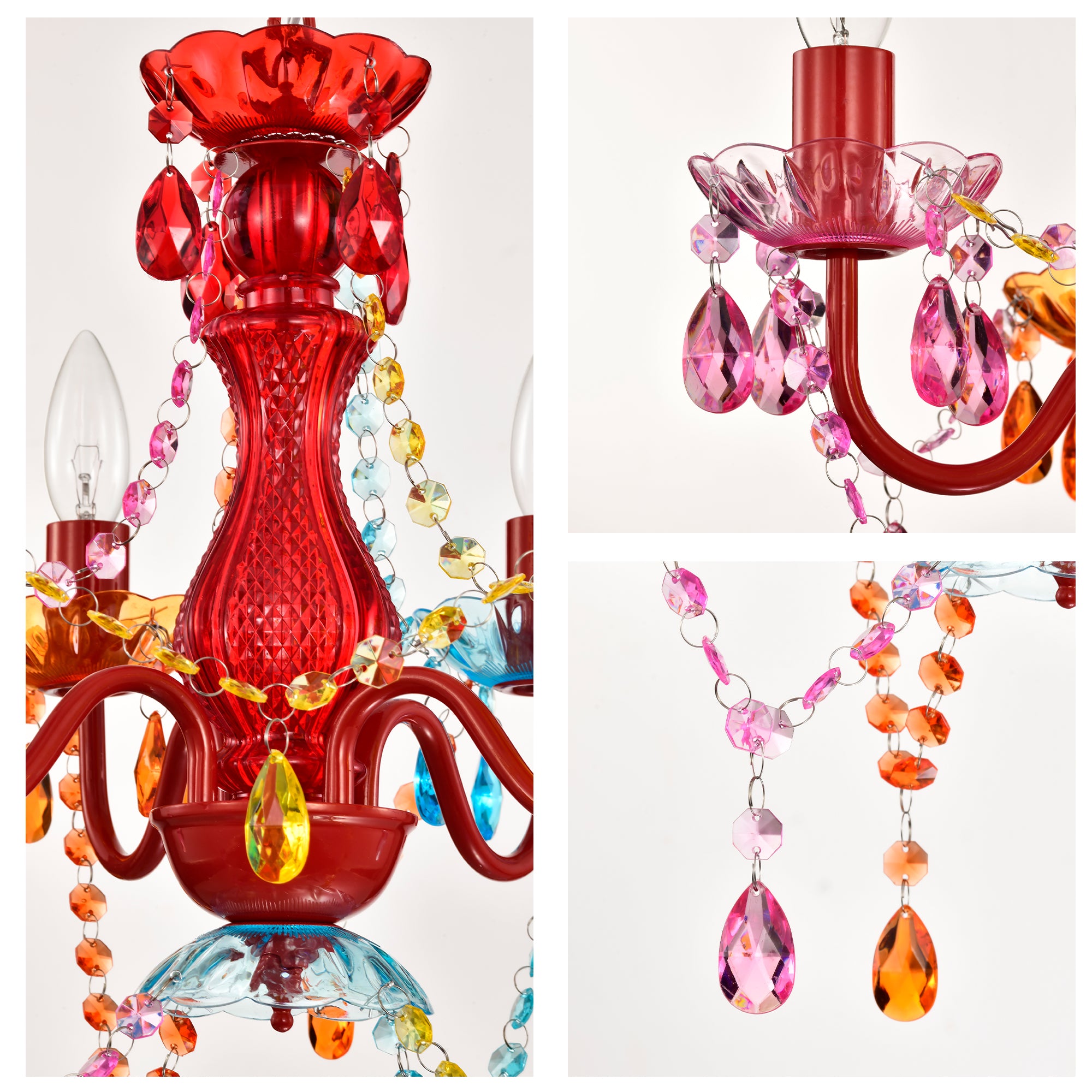 Small Plug-In Chandelier 4-Light, Colorful Acrylic Crystal Hanging Light for Kids Room, Nursery, Bedroom,E12 Base