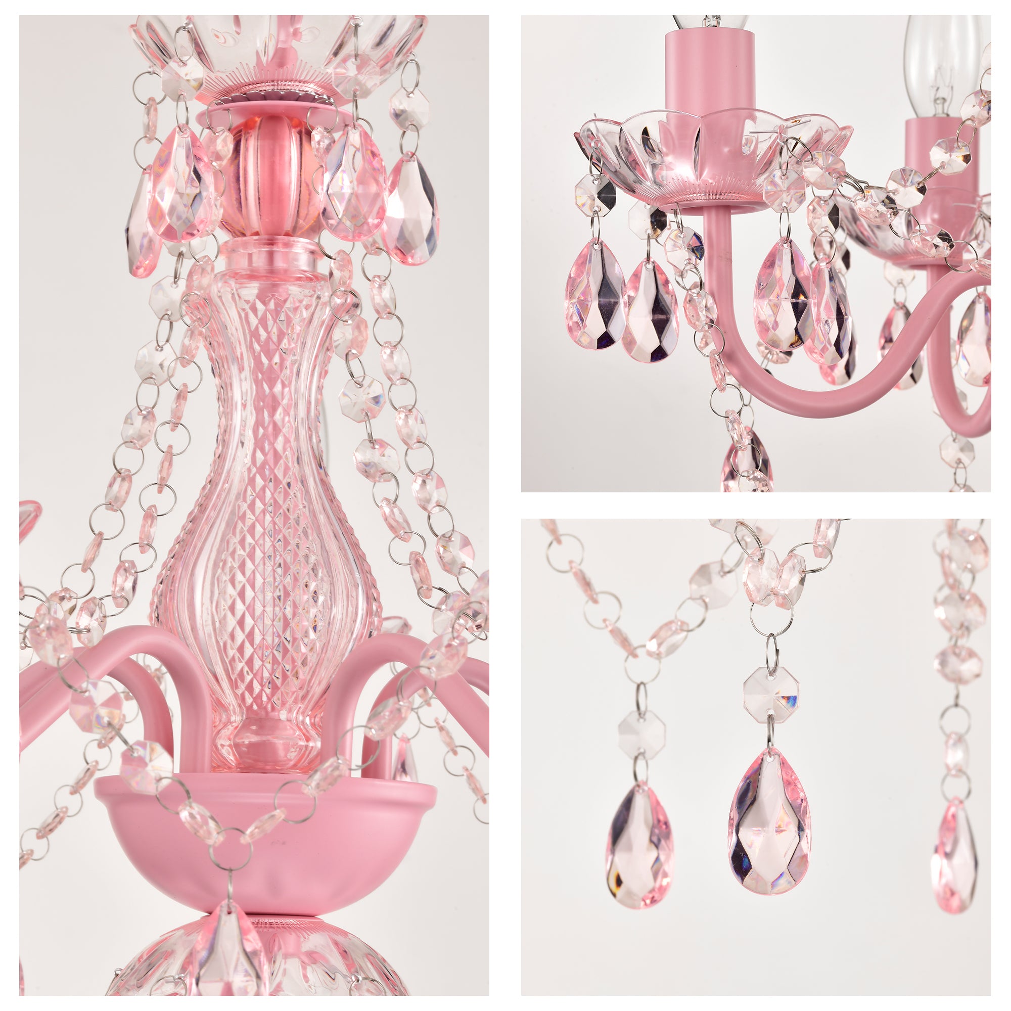Plug in Chandelier 4-Light, Small Pink Acrylic Crystal Hanging Light with 20 ft Cord for Bedroom , Nursery