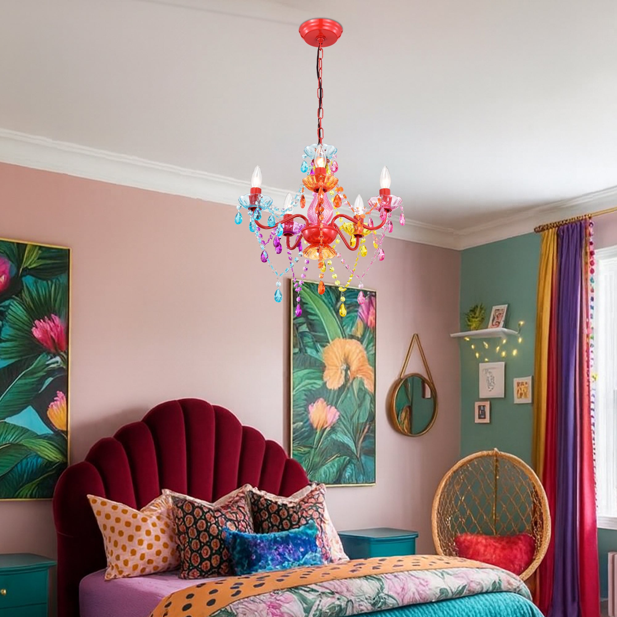 Colorful Crystal Chandelier, 5-Light Multicolor Acrylic Ceiling Light Fixture for Girls Room