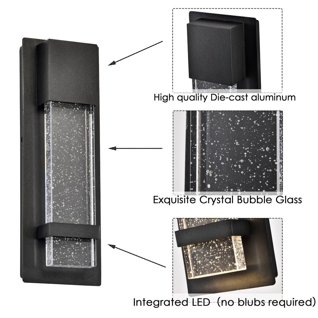 Integrated LED Outdoor Wall Light, Black Textured Glass Exterior Sconce, 3000K Warm White