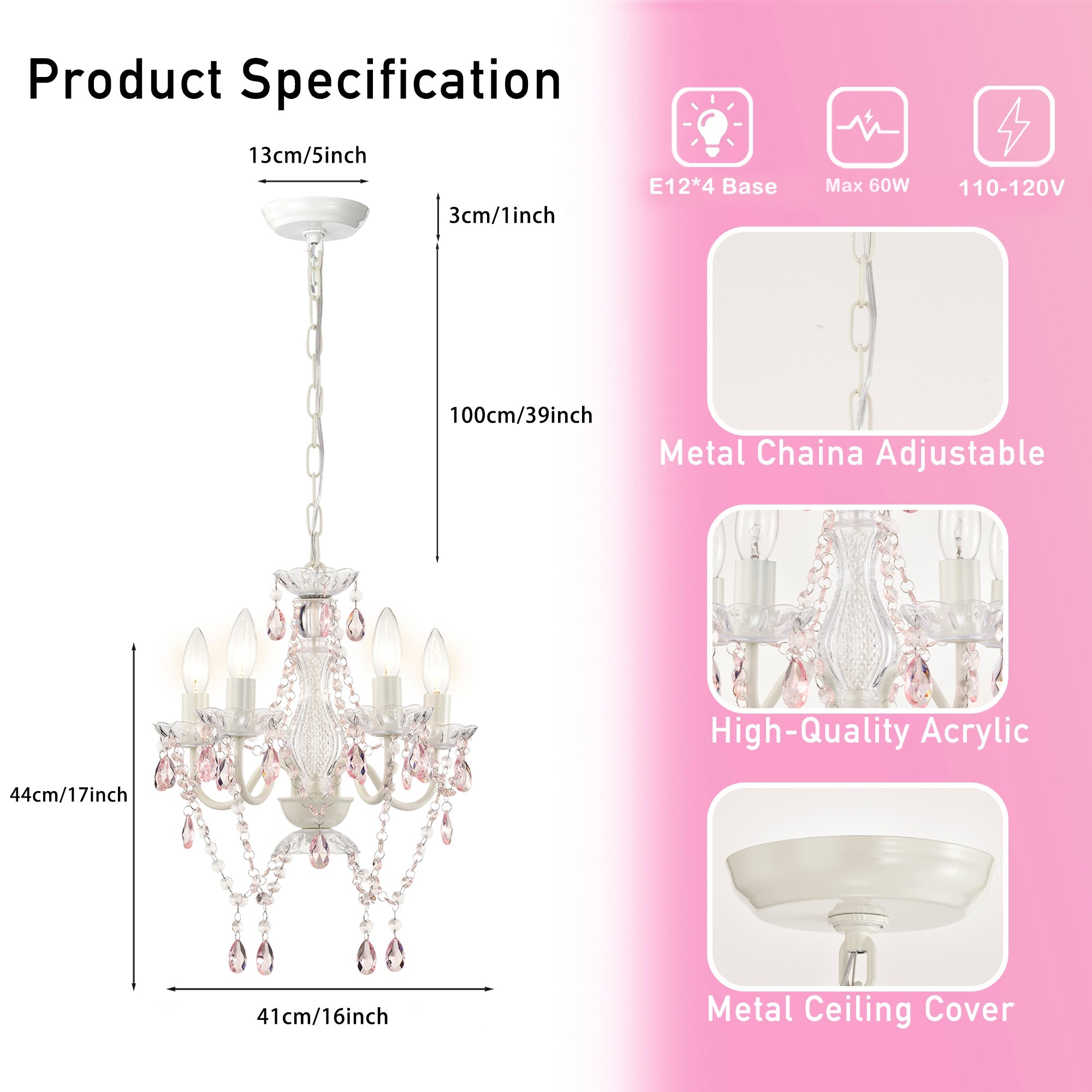 4-Light Acrylic Crystal Chandelier with Adjustable Chain