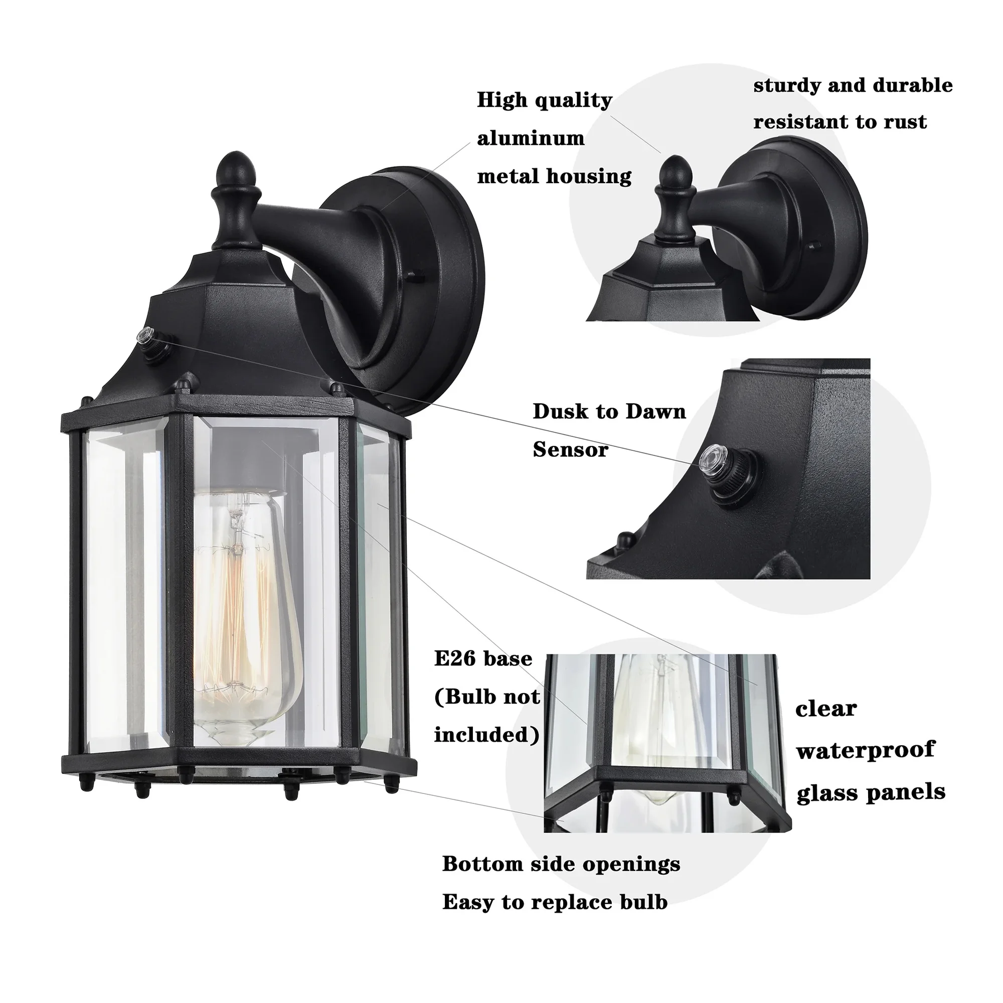 Dusk to Dawn Outdoor Wall Sconce Light Fixture 2 Pack, Waterproof Black Porch Light, Hardwired Exterior Wall Mount Lantern for Garage Entryway Patio