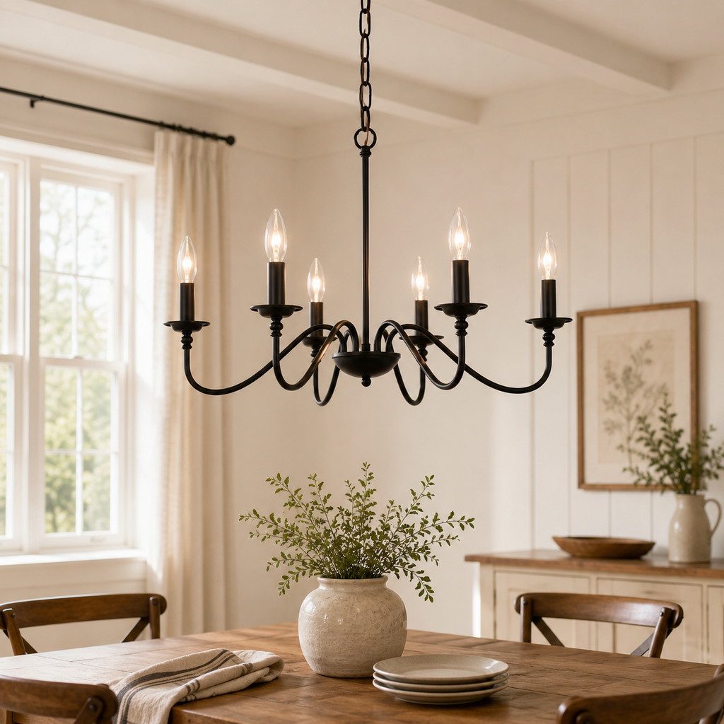6-Light Matte Black Farmhouse Chandelier, E12 Candle Style Hanging Light