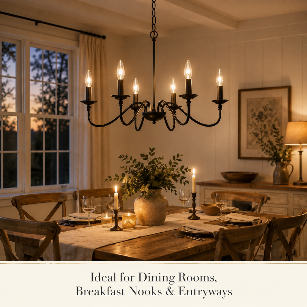 6-Light Matte Black Farmhouse Chandelier, E12 Candle Style Hanging Light