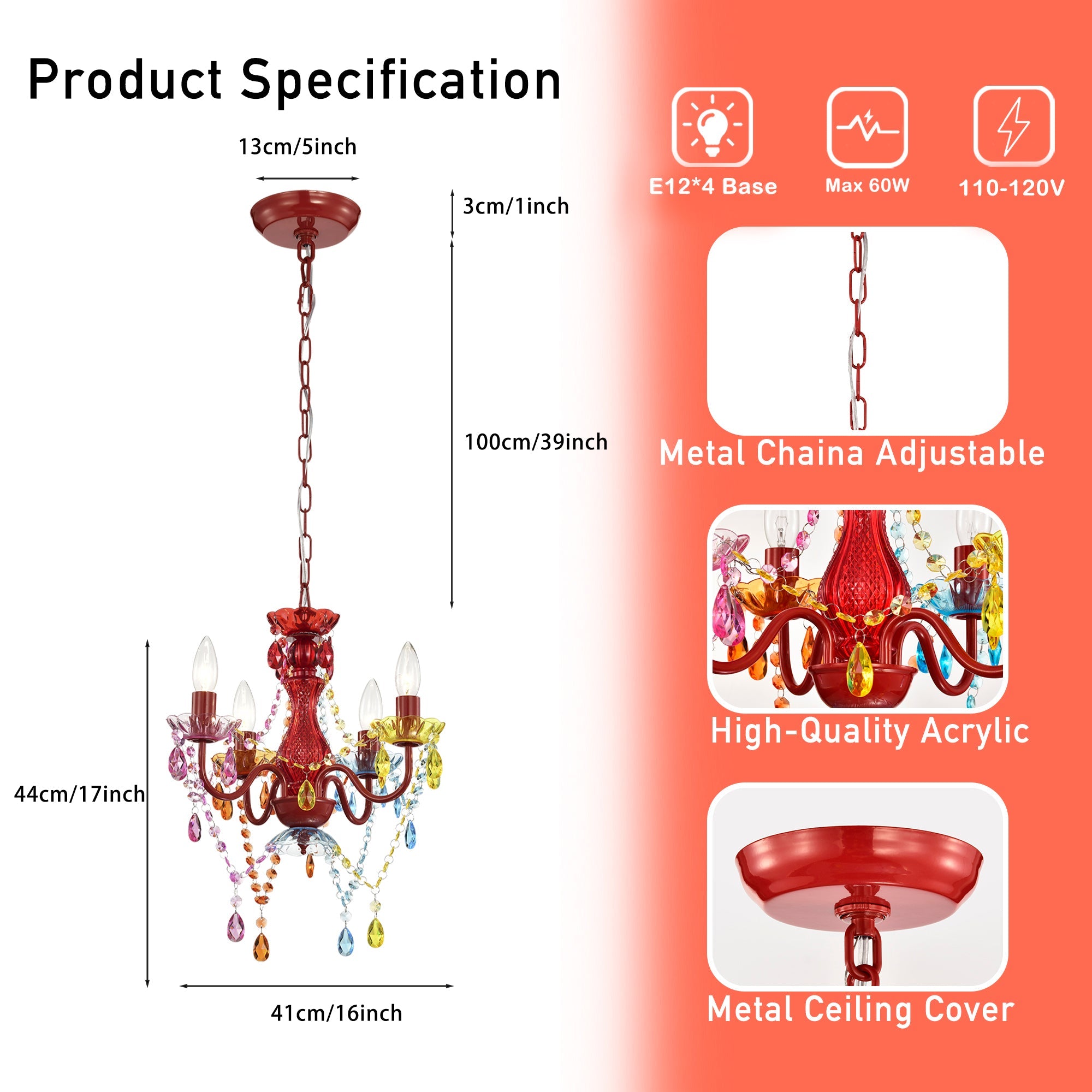 4-Light Acrylic Crystal Chandelier with Adjustable Chain