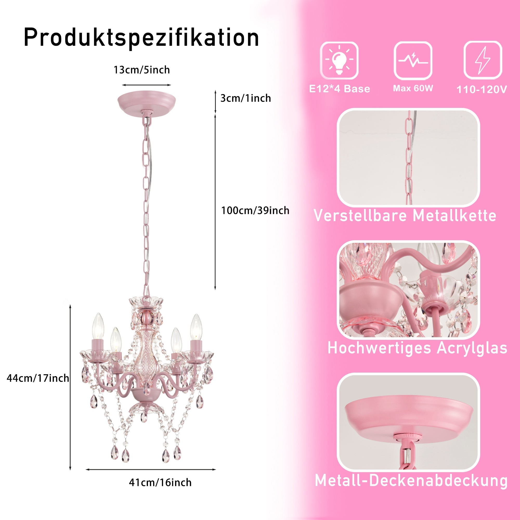 4-Light Acrylic Crystal Chandelier with Adjustable Chain
