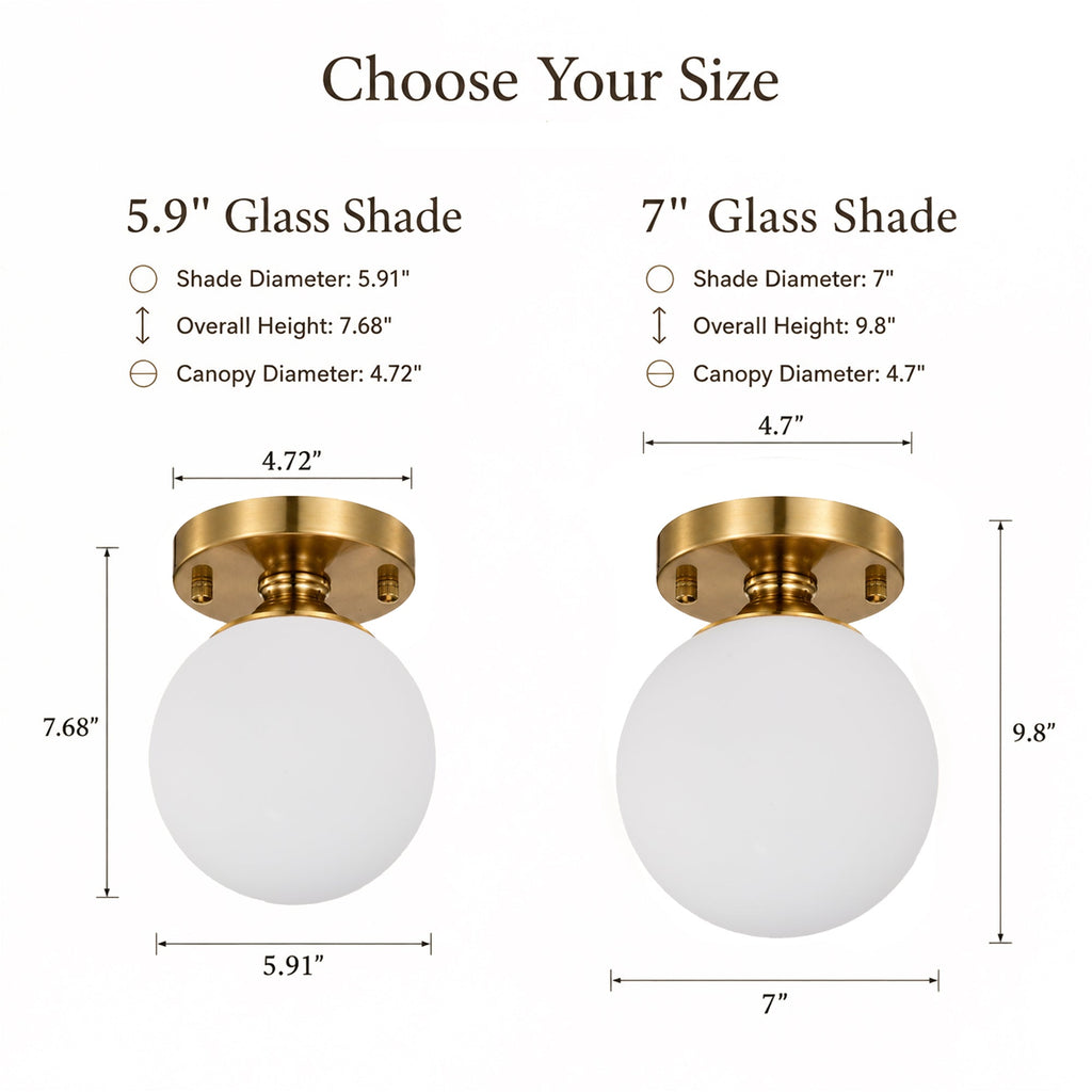 Opal Glass Globe Flush Mount Ceiling Light, Modern Brass Fixture for Bedroom, Kitchen & Entryway