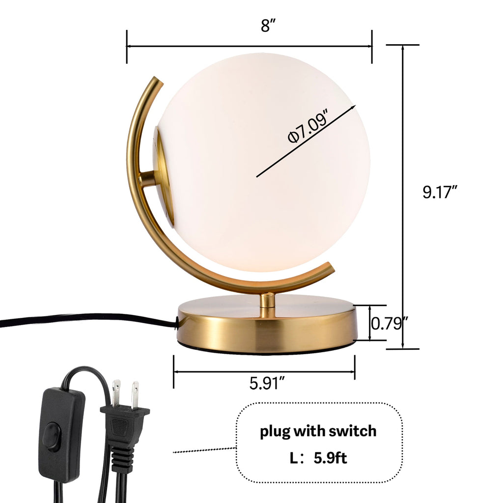 Modern Globe Table Lamp with Glass Shade and Plug-in Switch for Bedroom & Living Room