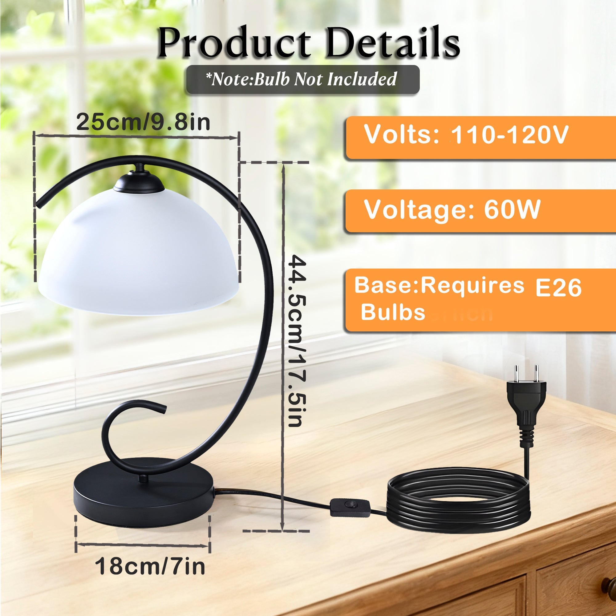 Vintage Black Table Lamp with Frosted Glass Shade, E26 Base Bedside Lamp