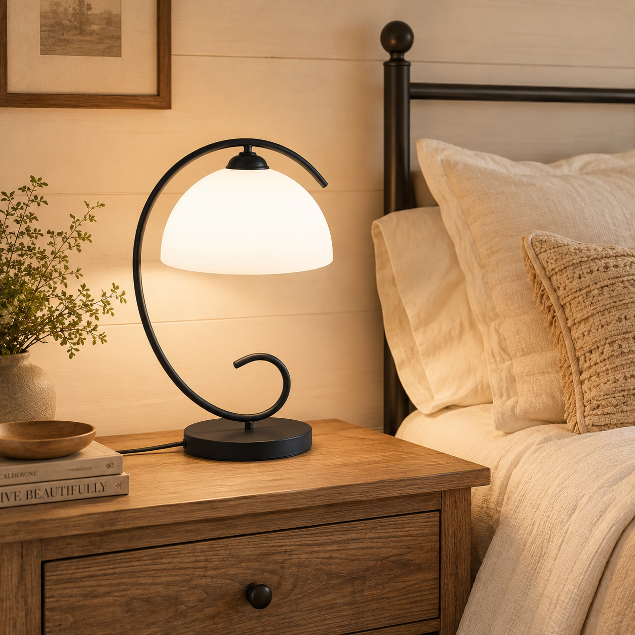 Vintage Black Table Lamp with Frosted Glass Shade, E26 Base Bedside Lamp