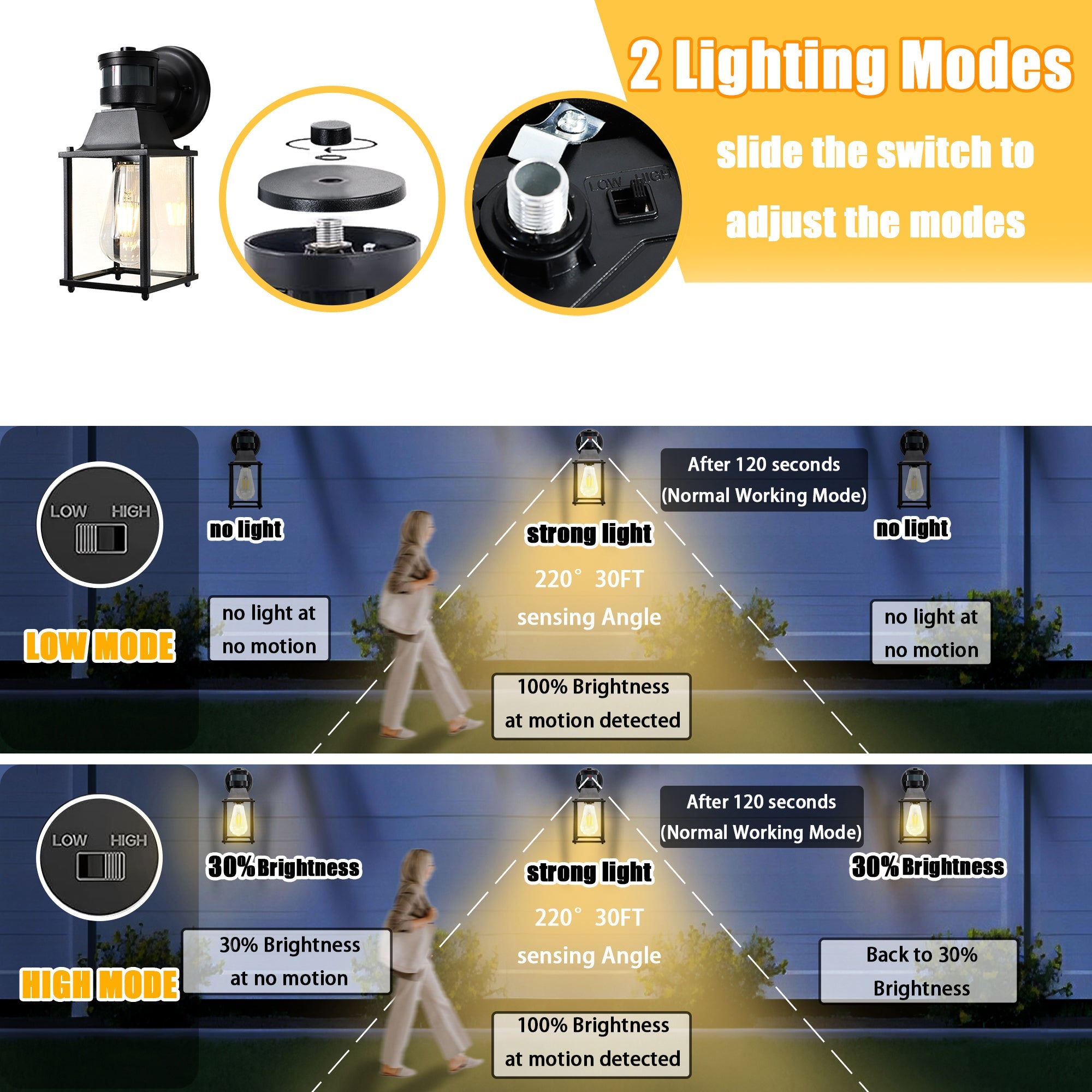 2 Pack Black Motion Sensor Outdoor Wall Lights, E26 Porch & Garage Lanterns