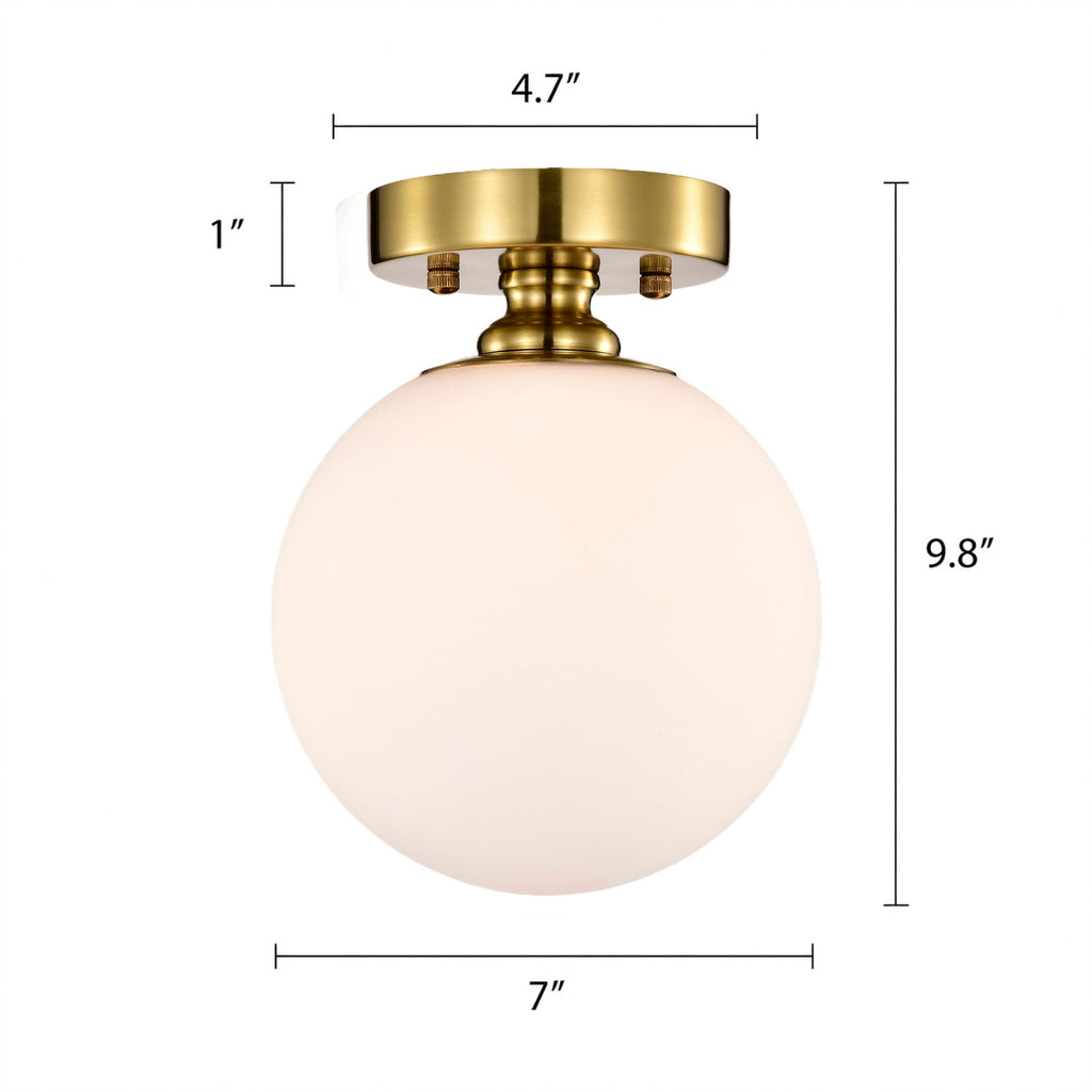 Opal Glass Globe Flush Mount Ceiling Light, Modern Brass Fixture for Bedroom, Kitchen & Entryway